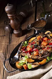 Orange Colored Food Prints: Tender beef with various vegetables