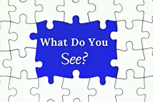 Blue Background Image Prints: Text on missing jigsaw puzzle - What do you see