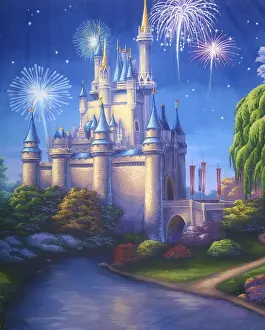 Colourful Landscape Photography Prints: Theatre backdrop featuring a scene with fireworks exploding over a medieval castle