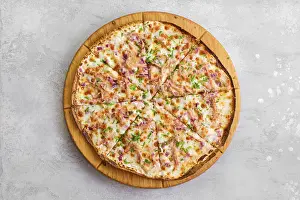 Savory Meat Dishes Prints: Thin-crust pizza dough with pulled beef