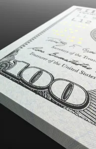 One Hundred Dollar Bill Stack Prints: Ten thousand dollar stack of one hundred dollar bills close-up abstact