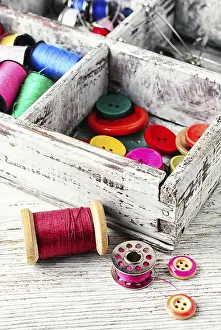 Traditional Crafts Prints: Thread and buttons with beads sewing and needlework