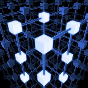 Symbolic Network Image Prints: Three-dimensional grid structure made of blue and white cubes and rods