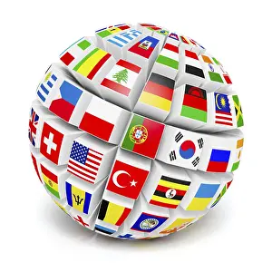 White Background Globe Prints: ThreeD globe sphere with flags of the world on white