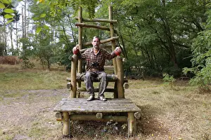 Central Europe Forested Landscape Prints: Throne made of beams in the forest along the Elbe cycle path