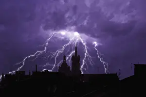 Deserted City At Night Prints: Thunderstorm, lightning, sky, clouds, night