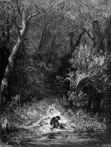 Historic Copper Engravings Prints: The Tom Thumb, boy, brook, sad