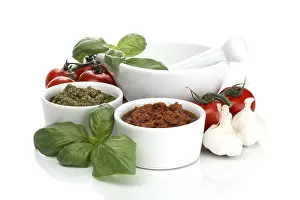 Vegetable Still Life Prints: Tomato and basil pesto