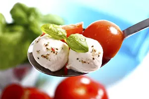 Basil Leaf Photography Prints: Tomatoes, mozzarella and basil on a spoon