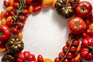 Food Photography Composition Prints: Tomatoes on the table. Tomatoes of different varieties