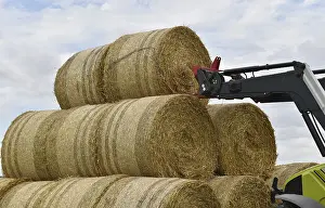 Farming Machine Europe Prints: Tractor with bale fork stacking round bales