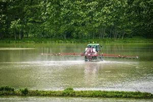 Italian Countryside Scenery Prints: Tractor working in flooded rice fields