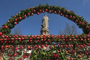 Christian Holiday Traditions Prints: Traditionally decorated Easter fountains with red Easter eggs