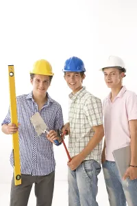 Professional Builder Prints: Three trainees with helmets, pliers
