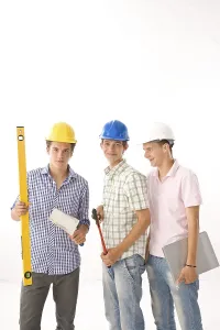 Safety Helmets Prints: Three trainees with helmets, pliers