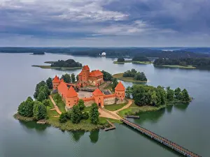 Prints of Trakai Island Castle in Lake Galve, Lithuania. Drone View Lake Prints: Trakai Island Castle Print, Lithuania