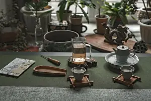 Tea Ceremony Setup Prints: A tranquil tea set with elegant tea cups
