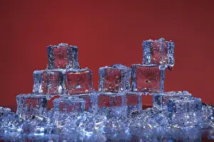 Transparent Ice Cubes Prints: Transparent cold ice cubes on a red background