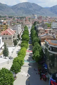 Prints of Pedestrian promenade, view from Red Tower onto Boulevard Shen Gjergji, Resurrection Cathedral at the back, city centre, Korca, Albania Albania Prints: Pedestrian Promenade Print, Korca City Centre, Albania