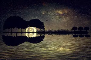 Surrealism Prints: Trees Form Guitar Shape Under Full Moon Night Print
