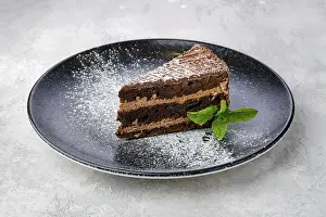 Sugar Icing Desserts Prints: Triangular piece of chocolate cake on a plate