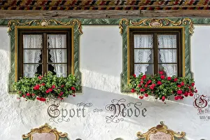 Ornamental Plant Decoration Germany Prints: Typical Luftlmalerei around window with geraniums