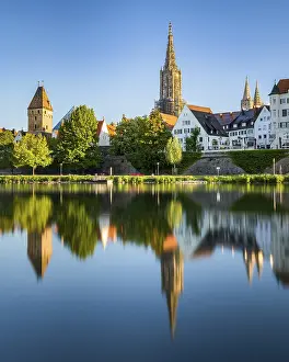 Southern Germany Landmarks Prints: Ulm with Minster Curch and reflection in river danube in spring