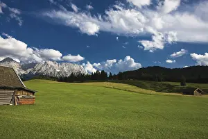 Daytime Mountain View Prints: Undulating meadow and the Karwendel Range