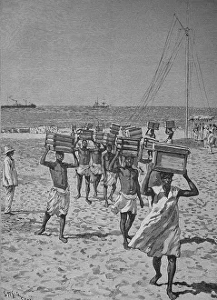 West African Coastal Landscape Prints: Unloading a ship on the beach, Historic