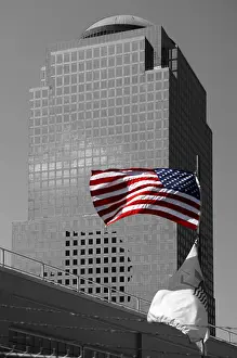 USA National Symbol Prints: U.S. flag at Ground Zero in front of a skyscraper
