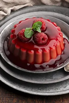 Sweet Desserts Prints: Vanilla pudding with raspberry and raspberry sauce