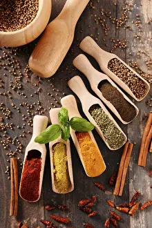 Kitchen Table Setup Prints: Variety of spices on kitchen table