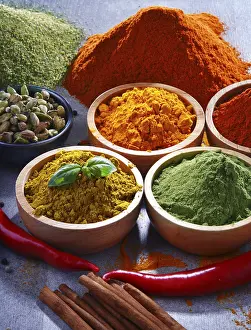 Kitchen Table Setup Prints: Variety of spices on kitchen table