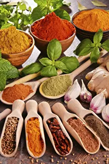 Kitchen Table Setup Prints: Variety of spices on kitchen table