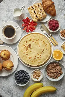 Flat Lay Photography Prints: Various breakfast ingredients placed on stone table