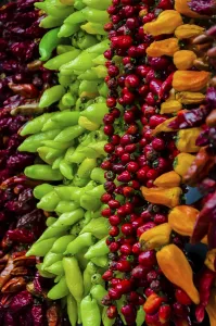 Diverse Food Options Prints: Various chilis on vegetable stall