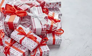 Flat Lay Photography Prints: Various pattern and size Christmas boxes placed on white background