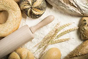 Bread And Pastry Still Life Prints: Various types of bread. Pile of flour