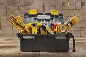 Construction Equipment Prints: Various work tools in a small black toolbox