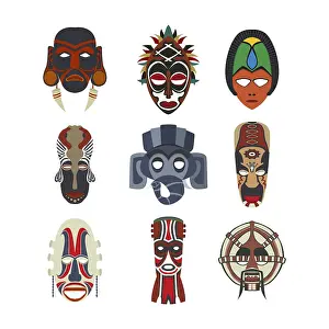 Pictogram Symbols Prints: Vector tribal masks set, isolated objects over white background