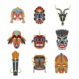 Tribal Masks Prints: Vector tribal masks set, isolated objects over white background