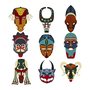 Tribal Masks Prints: Vector tribal masks set, isolated objects over white background