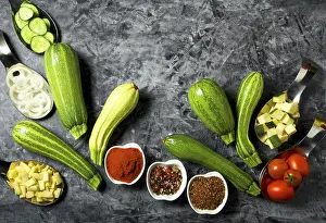 Gray Background Copy Space Prints: Vegetables on the background. Fresh vegetables (cucumbers)