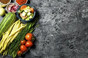 Agriculture Products Prints: Vegetables on the background. Fresh vegetables (cucumbers)