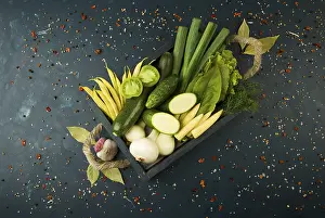 Green Bean Nutrition Prints: THE VEGETABLES IN THE BOX ON THE STONE A DARK BACKGROUND