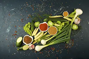 Vegetable Cutouts Prints: THE VEGETABLES ON THE STONE A DARK BACKGROUND