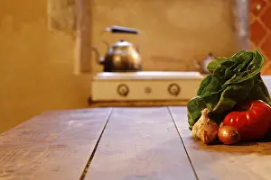 Vegetarian Nutrition Facts Prints: Vegetables on a wooden table in a rustic kitchen