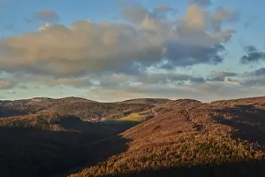 Atmospheric Evening Light Shot Prints: Vegetation of forests and fields in the hills with clouds in evening light