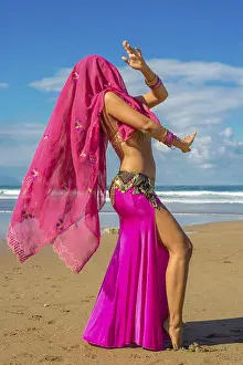 Prints of Veiled belly dancer north of Bilbao on the beach of Sopelana on the Bay of Biscay Dance Prints: Veiled Belly Dancer Print - Sopelana Beach, Bay of Biscay