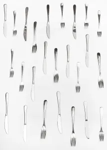 White Background Tableware Prints: Vertical set of table knives and forks on white background